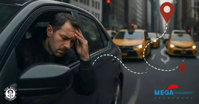 A frustrated NYC TLC driver sitting in his car during traffic, with yellow taxis in the background and graphic elements showing a dotted route, dollar sign, and red location pins. Text overlay reads: 'Dead Miles Are Costing You – Discover What NYC Drivers Can Do About It.